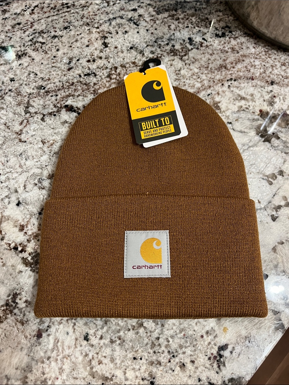 Carhartt Brown Knit Fold Cuff Beanie with Logo Patch